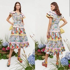 NWT Celia B Olav Dress S Floral Rick Rack Scalloped Midi Mixed Print Multicolor